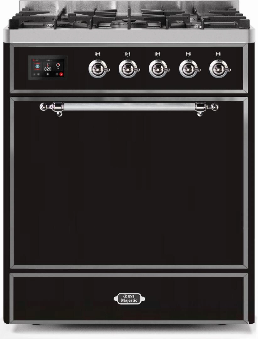 Ilve UM30DQNE3BKCLP Majestic Ii 30 Inch Dual Fuel Liquid Propane Freestanding Range In Glossy Black With Chrome Trim Freestanding Ranges freestanding dual fuel range 30 inch