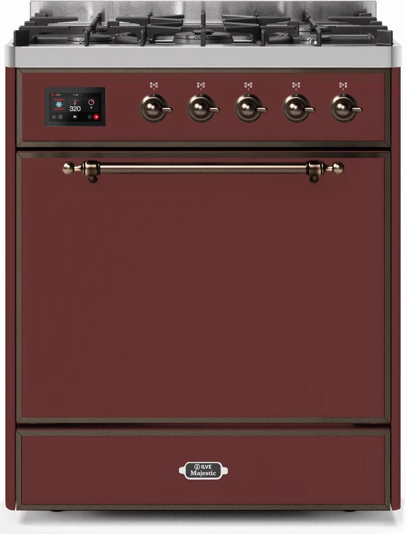 Ilve UM30DQNE3BUB Majestic Ii 30 Inch Dual Fuel Natural Gas Freestanding Range In Burgundy With Bronze Trim Freestanding Ranges freestanding dual fuel range 30 inch