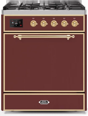 Ilve UM30DQNE3BUG Majestic Ii 30 Inch Dual Fuel Natural Gas Freestanding Range In Burgundy With Brass Trim Freestanding Ranges freestanding dual fuel range 30 inch