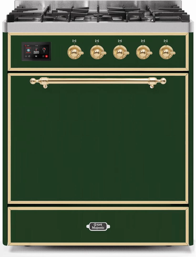 Ilve UM30DQNE3EGGLP Majestic Ii 30 Inch Dual Fuel Liquid Propane Freestanding Range In Emerald Green With Brass Trim Freestanding Ranges freestanding dual fuel range 30 inch