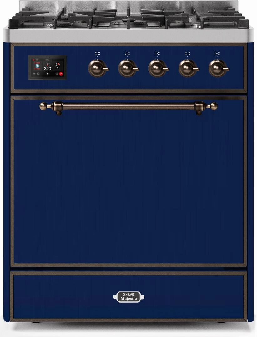 Ilve UM30DQNE3MBB Majestic Ii 30 Inch Dual Fuel Natural Gas Freestanding Range In Blue With Bronze Trim Freestanding Ranges freestanding dual fuel range 30 inch