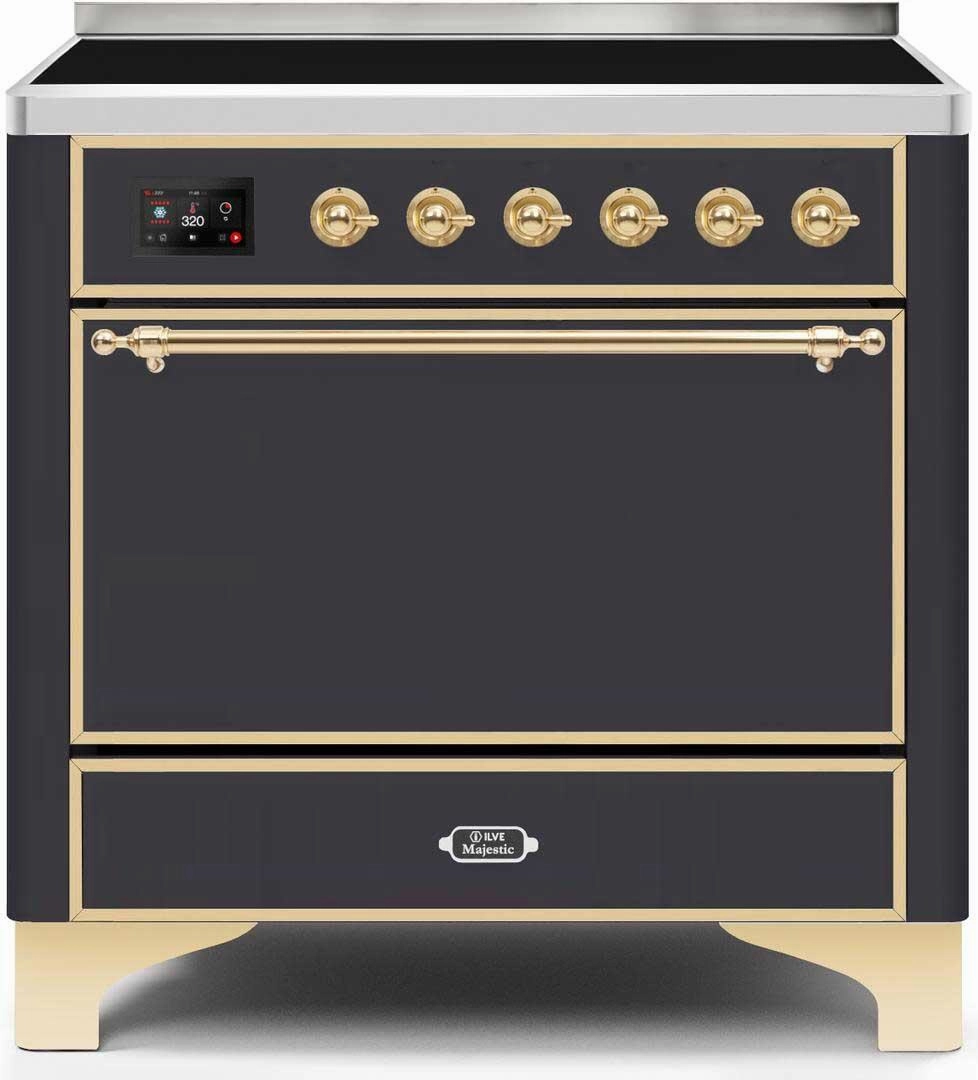 Ilve UMI09QNS3MGG Majestic Ii 36 Inch Electric Freestanding Range In Matte Graphite With Brass Trim Freestanding Ranges freestanding dual fuel range 30 inch