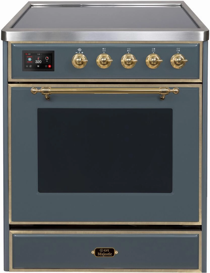 Ilve UMI30NE3BGG Majestic Ii 30 Inch Electric Freestanding Range In Blue Grey With Brass Trim Freestanding Ranges freestanding dual fuel range 30 inch