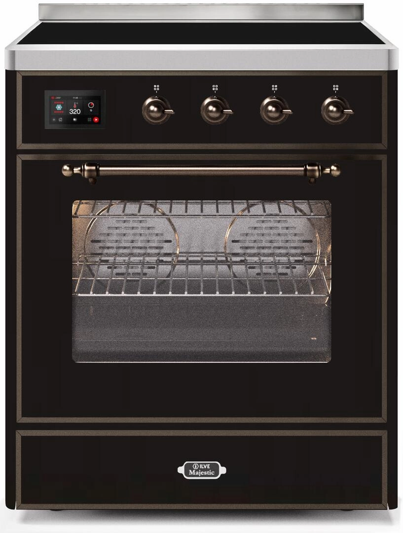 Ilve UMI30NE3BKB Majestic Ii 30 Inch Electric Freestanding Range In Glossy Black With Bronze Trim Freestanding Ranges freestanding dual fuel range 30 inch