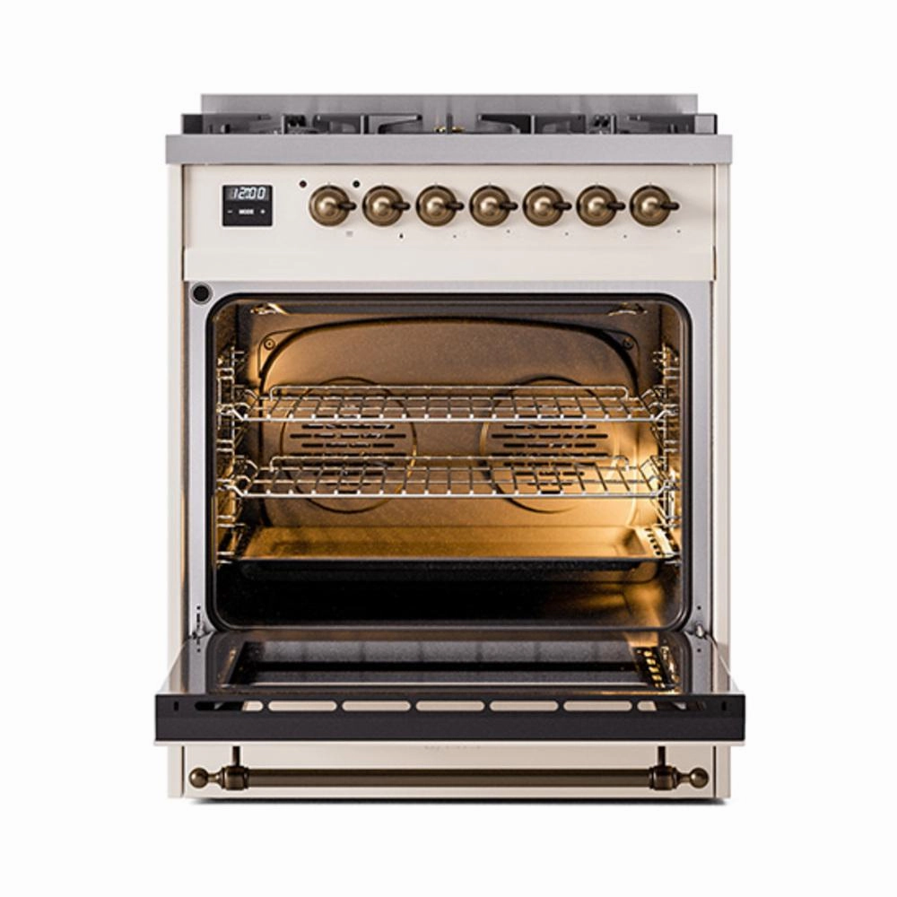 Ilve UN30NMPAWB Ilve Un30Nmpawb Nostalgie Ii Noblesse 30" Dual Fuel Range (Natural Gas, Triple Glass Door, Antique White, Burnished)