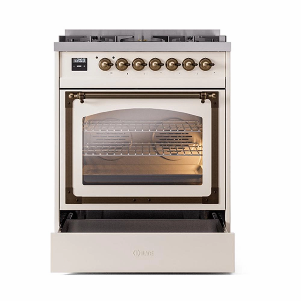 Ilve UN30NMPAWB Ilve Un30Nmpawb Nostalgie Ii Noblesse 30" Dual Fuel Range (Natural Gas, Triple Glass Door, Antique White, Burnished)