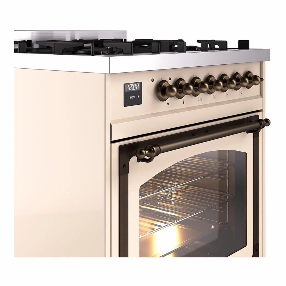 Ilve UN30NMPAWB Ilve Un30Nmpawb Nostalgie Ii Noblesse 30" Dual Fuel Range (Natural Gas, Triple Glass Door, Antique White, Burnished)
