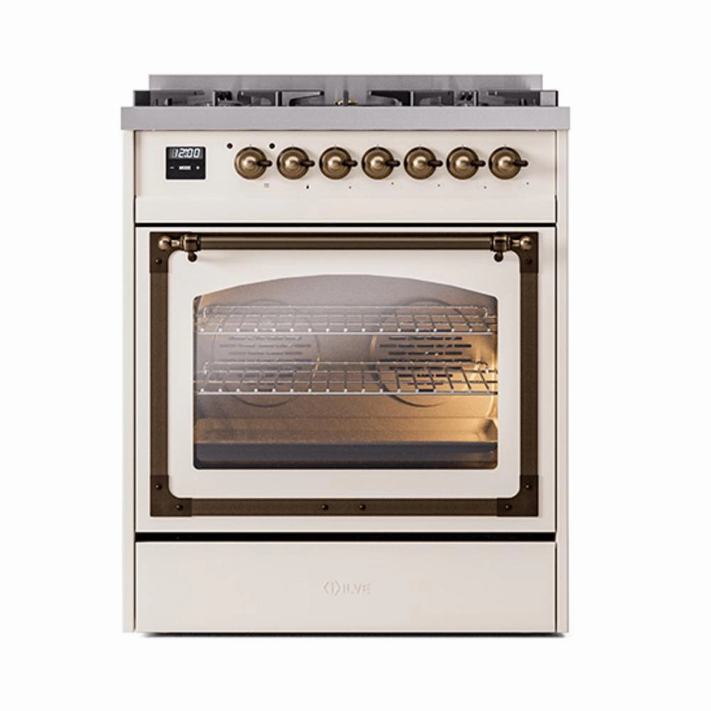 Ilve UN30NMPAWB Ilve Un30Nmpawb Nostalgie Ii Noblesse 30" Dual Fuel Range (Natural Gas, Triple Glass Door, Antique White, Burnished)