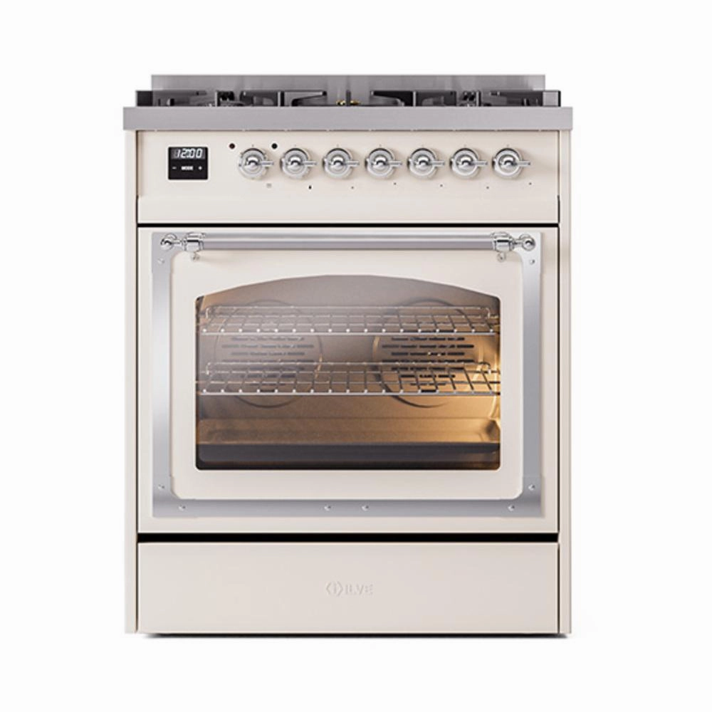 Ilve UN30NMPAWCLP Ilve Un30Nmpawclp Nostalgie Ii Noblesse 30" Dual Fuel Range (Liquid Propane, Triple Glass Door, Antique White, Chrome)