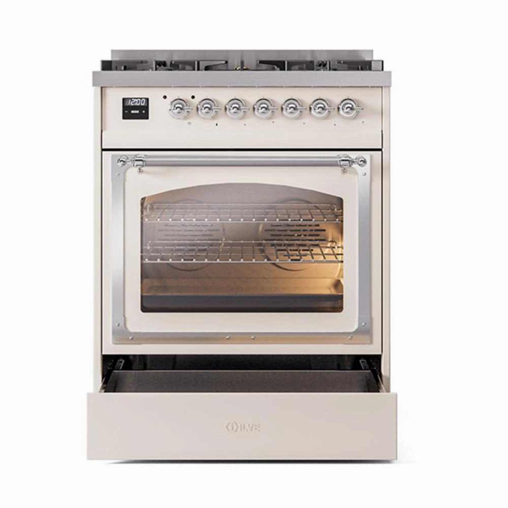 Ilve UN30NMPAWCLP Ilve Un30Nmpawclp Nostalgie Ii Noblesse 30" Dual Fuel Range (Liquid Propane, Triple Glass Door, Antique White, Chrome)