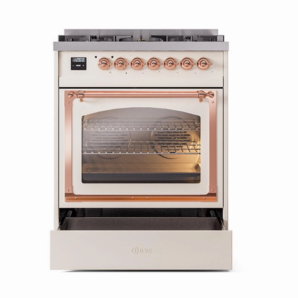 Ilve UN30NMPAWP Ilve Un30Nmpawp Nostalgie Ii Noblesse 30" Dual Fuel Range (Natural Gas, Triple Glass Door, Antique White, Copper)