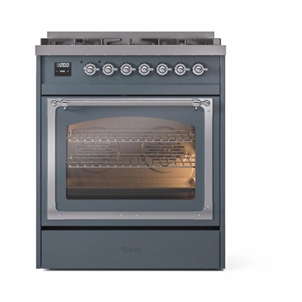 Ilve UN30NMPBGC Ilve Un30Nmpbgc Nostalgie Ii Noblesse 30" Dual Fuel Range (Natural Gas, Triple Glass Door, Blue Grey, Chrome)