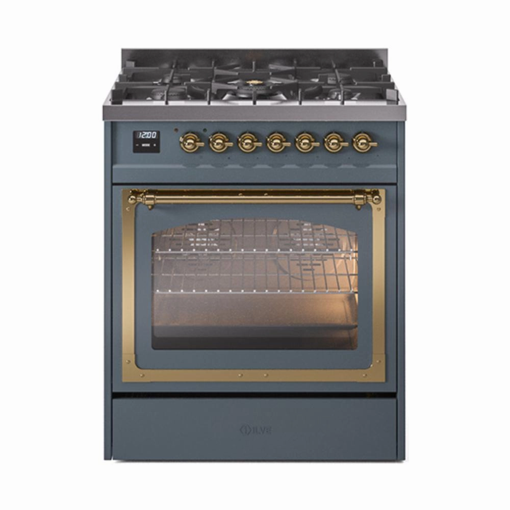 Ilve UN30NMPBGG Ilve Un30Nmpbgg Nostalgie Ii Noblesse 30" Dual Fuel Range (Natural Gas, Triple Glass Door, Blue Grey, Brass) Freestanding Ranges freestanding dual fuel range 30 inch