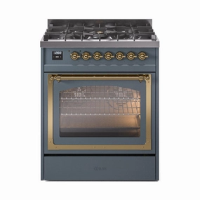 Ilve UN30NMPBGG Ilve Un30Nmpbgg Nostalgie Ii Noblesse 30" Dual Fuel Range (Natural Gas, Triple Glass Door, Blue Grey, Brass) Freestanding Ranges freestanding dual fuel range 30 inch