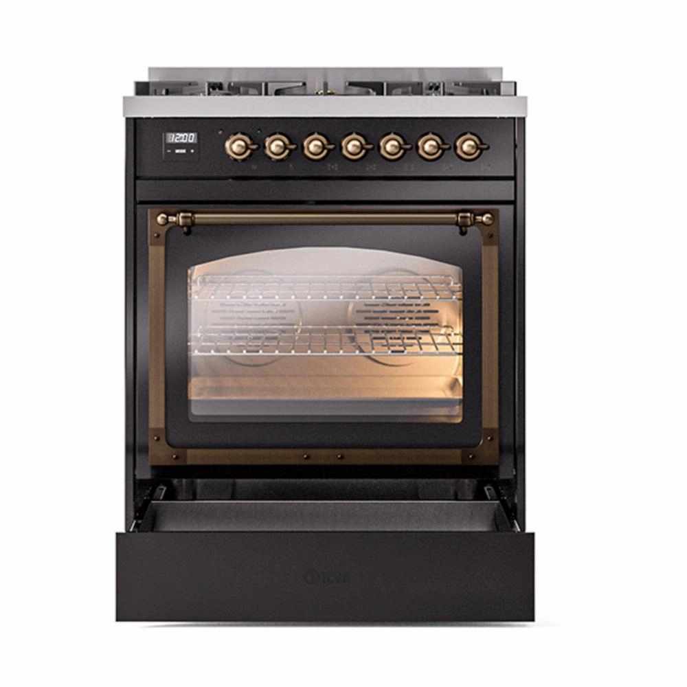 Ilve UN30NMPBKB Ilve Un30Nmpbkb Nostalgie Ii Noblesse 30" Dual Fuel Range (Natural Gas, Triple Glass Door, Glossy Black, Burnished)
