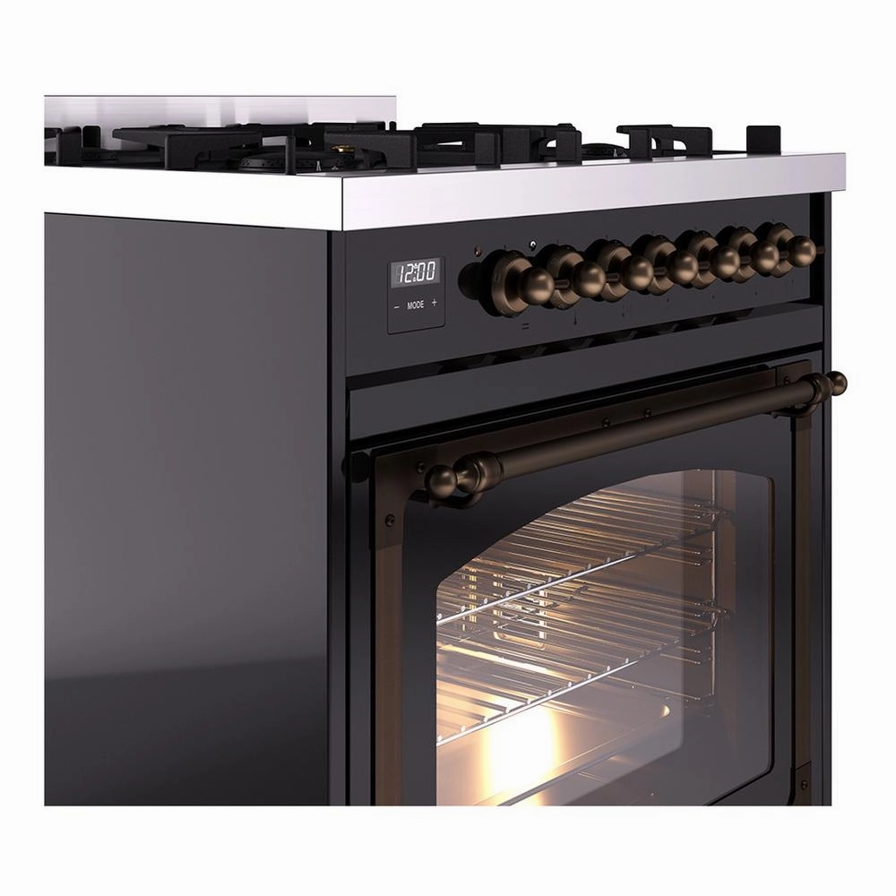 Ilve UN30NMPBKB Ilve Un30Nmpbkb Nostalgie Ii Noblesse 30" Dual Fuel Range (Natural Gas, Triple Glass Door, Glossy Black, Burnished)