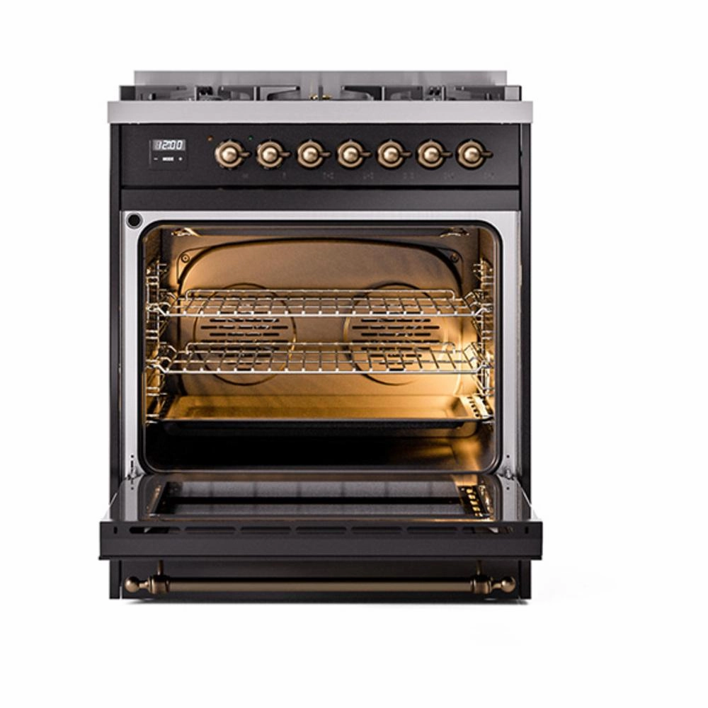 Ilve UN30NMPBKB Ilve Un30Nmpbkb Nostalgie Ii Noblesse 30" Dual Fuel Range (Natural Gas, Triple Glass Door, Glossy Black, Burnished)