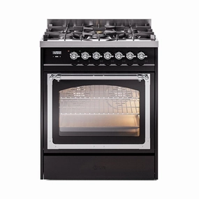 Ilve UN30NMPBKCLP Ilve Un30Nmpbkclp Nostalgie Ii Noblesse 30" Dual Fuel Range (Liquid Propane, Triple Glass Door, Glossy Black, Chrome) Freestanding Ranges freestanding dual fuel range 30 inch