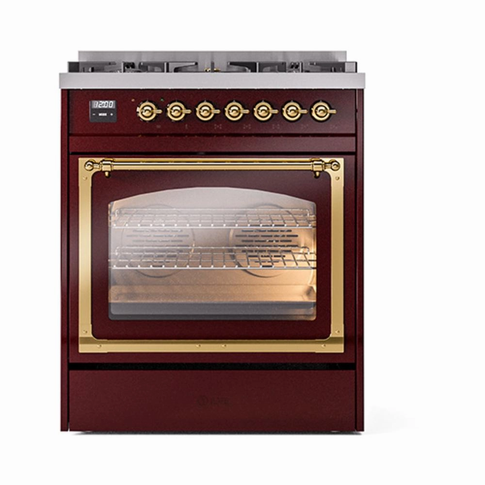Ilve UN30NMPBUGLP Ilve Un30Nmpbuglp Nostalgie Ii Noblesse 30" Dual Fuel Range (Liquid Propane, Triple Glass Door, Burgundy, Brass)