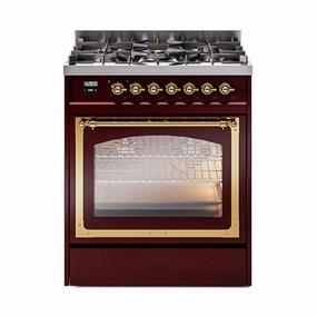 Ilve UN30NMPBUGLP Ilve Un30Nmpbuglp Nostalgie Ii Noblesse 30" Dual Fuel Range (Liquid Propane, Triple Glass Door, Burgundy, Brass) Freestanding Ranges freestanding dual fuel range 30 inch