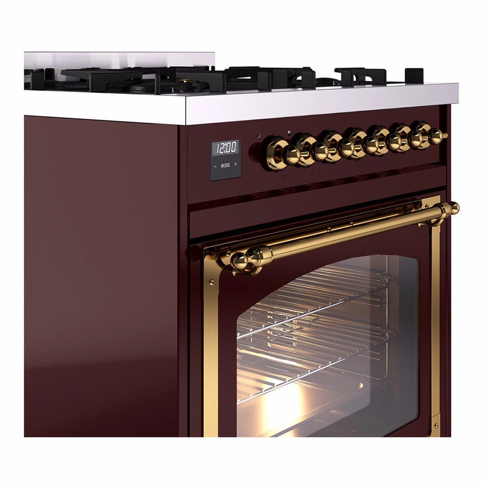 Ilve UN30NMPBUGLP Ilve Un30Nmpbuglp Nostalgie Ii Noblesse 30" Dual Fuel Range (Liquid Propane, Triple Glass Door, Burgundy, Brass)