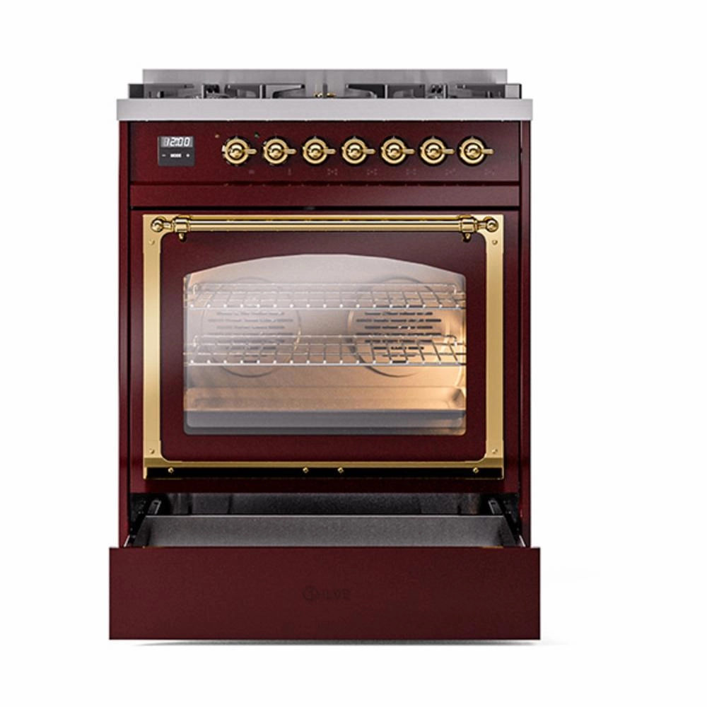 Ilve UN30NMPBUGLP Ilve Un30Nmpbuglp Nostalgie Ii Noblesse 30" Dual Fuel Range (Liquid Propane, Triple Glass Door, Burgundy, Brass)