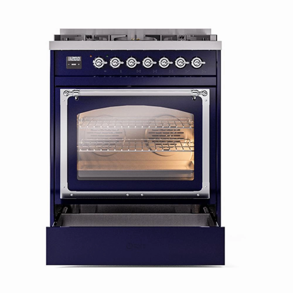 Ilve UN30NMPMBC Ilve Un30Nmpmbc Nostalgie Ii Noblesse 30" Dual Fuel Range (Natural Gas, Triple Glass Door, Midnight Blue, Chrome)