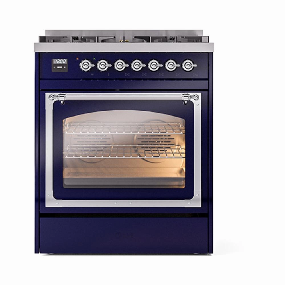 Ilve UN30NMPMBC Ilve Un30Nmpmbc Nostalgie Ii Noblesse 30" Dual Fuel Range (Natural Gas, Triple Glass Door, Midnight Blue, Chrome)
