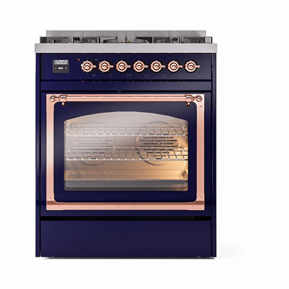 Ilve UN30NMPMBP Ilve Un30Nmpmbp Nostalgie Ii Noblesse 30" Dual Fuel Range (Natural Gas, Triple Glass Door, Midnight Blue, Copper)