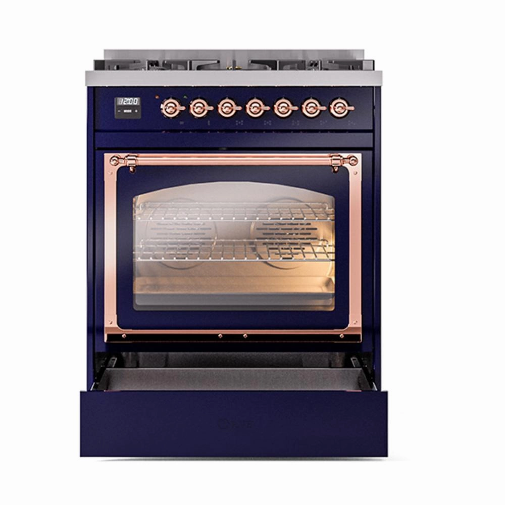 Ilve UN30NMPMBP Ilve Un30Nmpmbp Nostalgie Ii Noblesse 30" Dual Fuel Range (Natural Gas, Triple Glass Door, Midnight Blue, Copper)