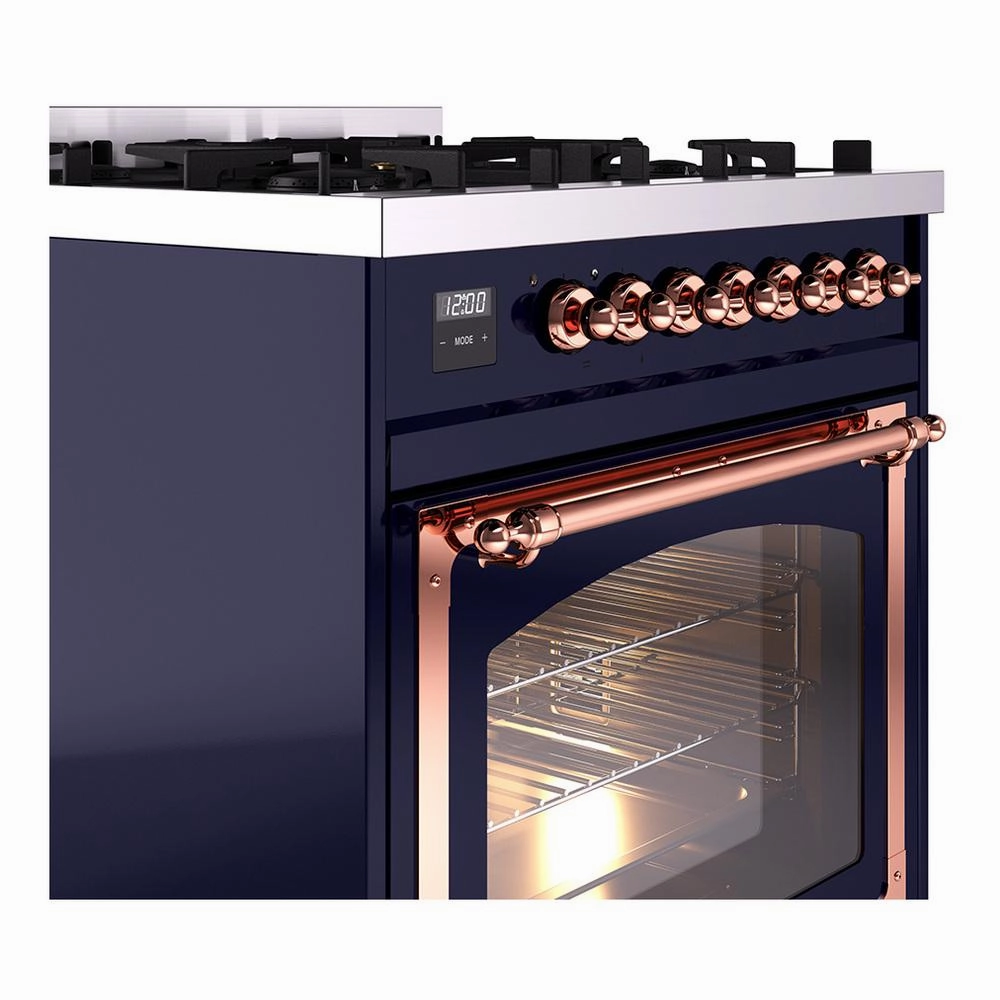 Ilve UN30NMPMBP Ilve Un30Nmpmbp Nostalgie Ii Noblesse 30" Dual Fuel Range (Natural Gas, Triple Glass Door, Midnight Blue, Copper)