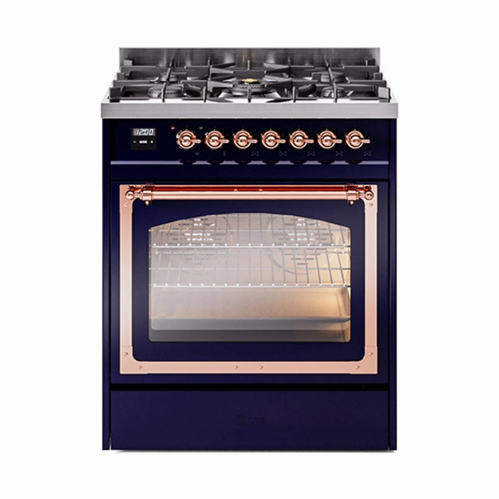 Ilve UN30NMPMBP Ilve Un30Nmpmbp Nostalgie Ii Noblesse 30" Dual Fuel Range (Natural Gas, Triple Glass Door, Midnight Blue, Copper) Freestanding Ranges freestanding dual fuel range 30 inch