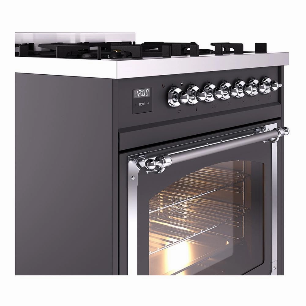 Ilve UN30NMPMGCLP Ilve Un30Nmpmgclp Nostalgie Ii Noblesse 30" Dual Fuel Range (Liquid Propane, Triple Glass Door, Graphite Matte, Chrome)