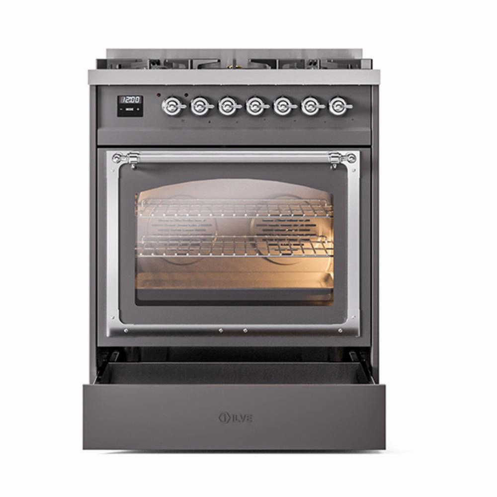 Ilve UN30NMPMGCLP Ilve Un30Nmpmgclp Nostalgie Ii Noblesse 30" Dual Fuel Range (Liquid Propane, Triple Glass Door, Graphite Matte, Chrome)