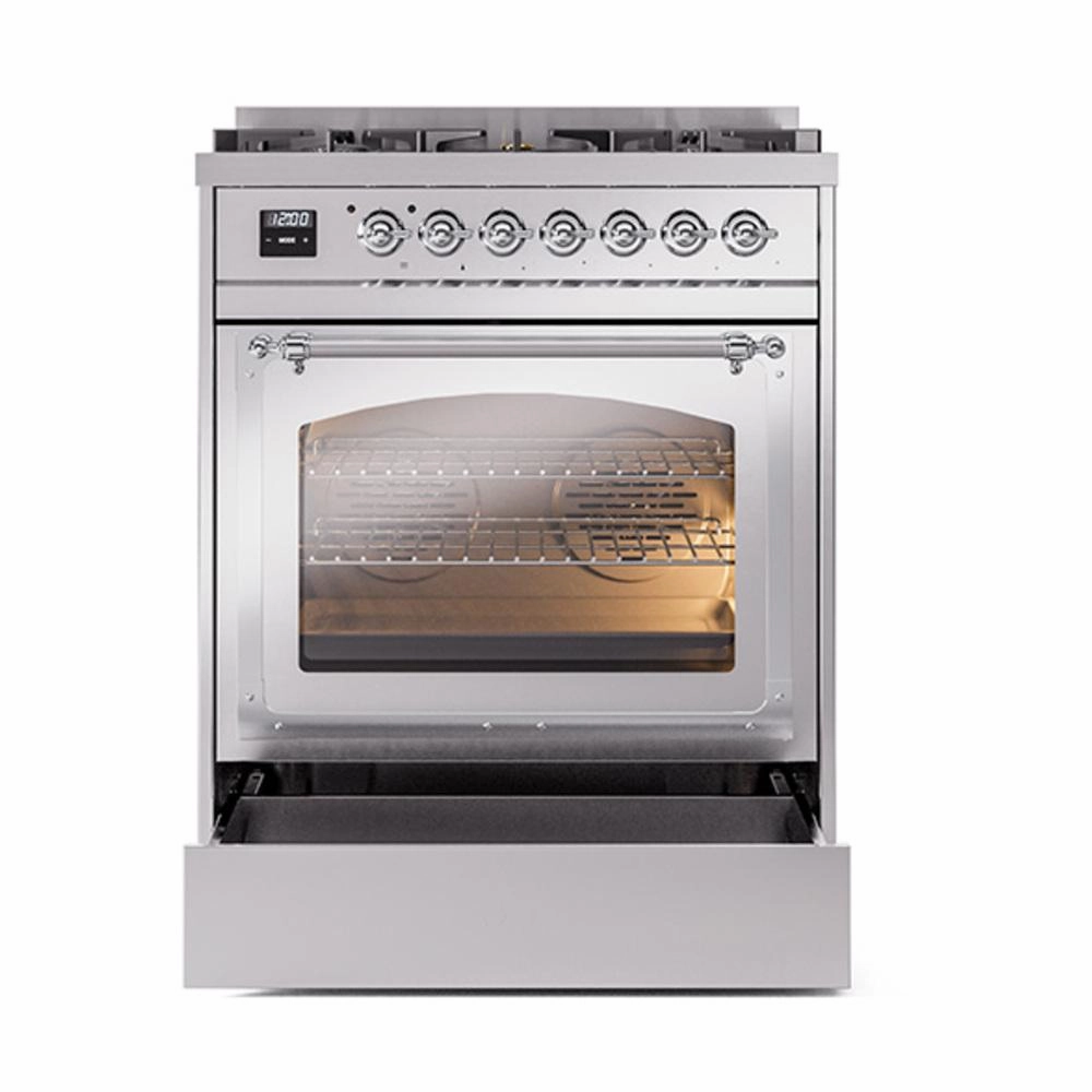 Ilve UN30NMPSSC Ilve Un30Nmpssc Nostalgie Ii Noblesse 30" Dual Fuel Range (Natural Gas, Triple Glass Door, Stainless Steel, Chrome)