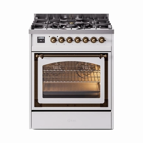 Ilve UN30NMPWHB Ilve Un30Nmpwhb Nostalgie Ii Noblesse 30" Dual Fuel Range (Natural Gas, Triple Glass Door, White, Burnished) Freestanding Ranges freestanding dual fuel range 30 inch