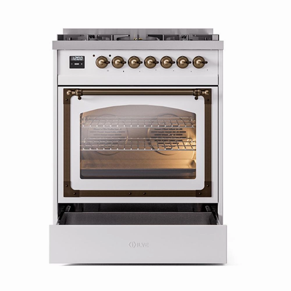 Ilve UN30NMPWHB Ilve Un30Nmpwhb Nostalgie Ii Noblesse 30" Dual Fuel Range (Natural Gas, Triple Glass Door, White, Burnished)