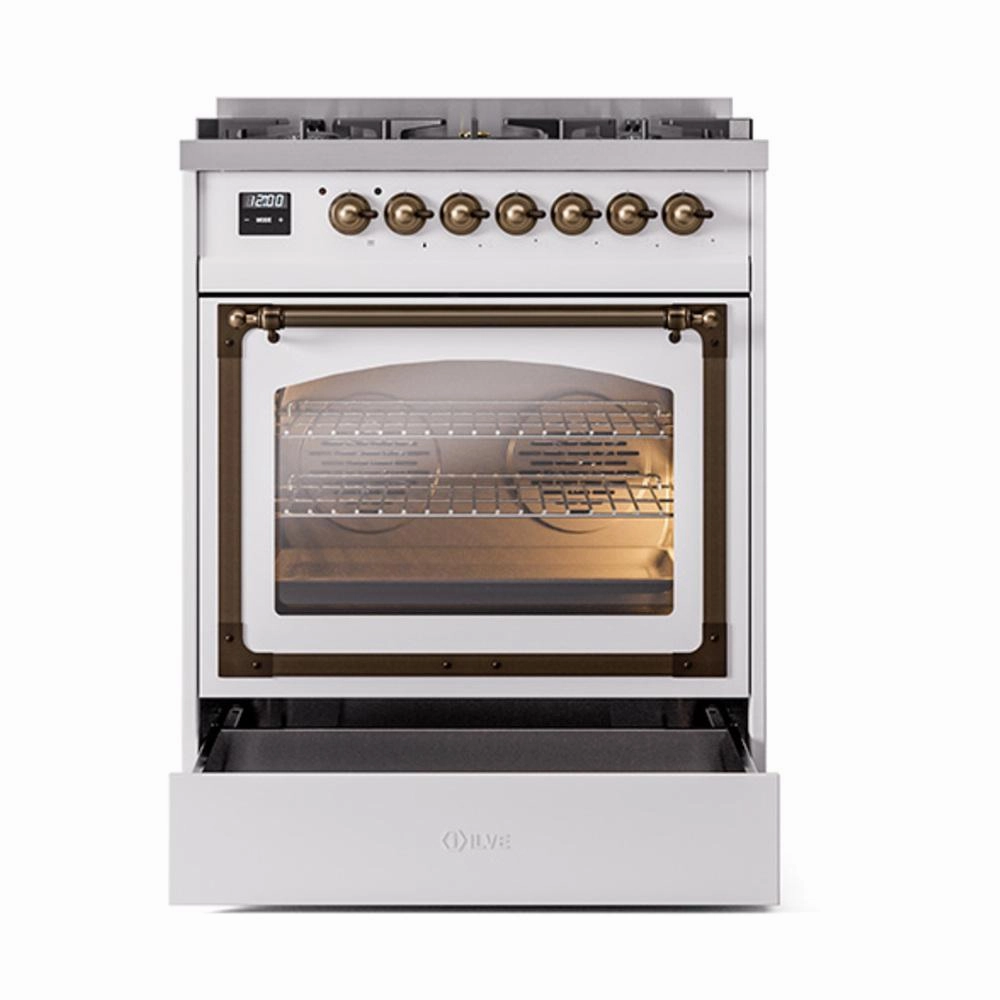 Ilve UN30NMPWHBLP Ilve Un30Nmpwhblp Nostalgie Ii Noblesse 30" Dual Fuel Range (Liquid Propane, Triple Glass Door, White, Burnished)