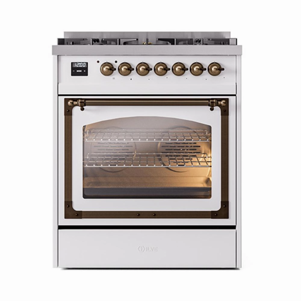 Ilve UN30NMPWHBLP Ilve Un30Nmpwhblp Nostalgie Ii Noblesse 30" Dual Fuel Range (Liquid Propane, Triple Glass Door, White, Burnished)