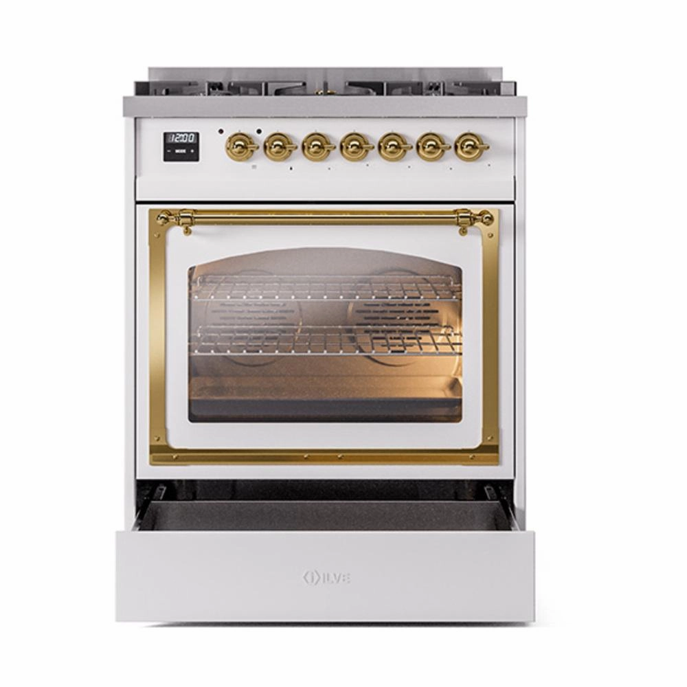 Ilve UN30NMPWHG Ilve Un30Nmpwhg Nostalgie Ii Noblesse 30" Dual Fuel Range (Natural Gas, Triple Glass Door, White, Brass)