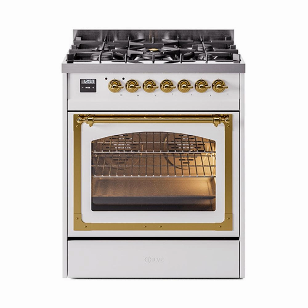 Ilve UN30NMPWHG Ilve Un30Nmpwhg Nostalgie Ii Noblesse 30" Dual Fuel Range (Natural Gas, Triple Glass Door, White, Brass) Freestanding Ranges freestanding dual fuel range 30 inch