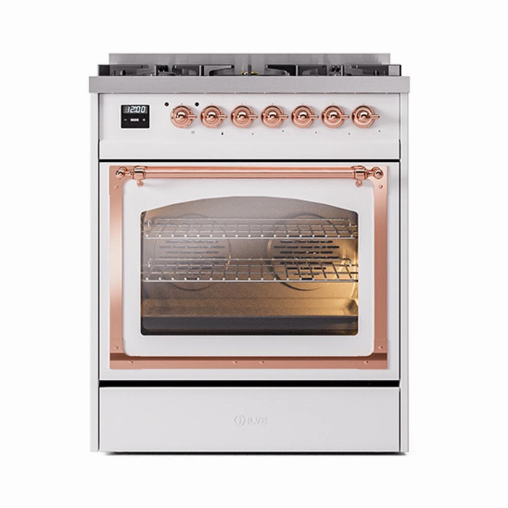 Ilve UN30NMPWHP Ilve Un30Nmpwhp Nostalgie Ii Noblesse 30" Dual Fuel Range (Natural Gas, Triple Glass Door, White, Copper)