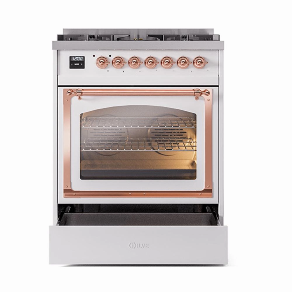 Ilve UN30NMPWHP Ilve Un30Nmpwhp Nostalgie Ii Noblesse 30" Dual Fuel Range (Natural Gas, Triple Glass Door, White, Copper)