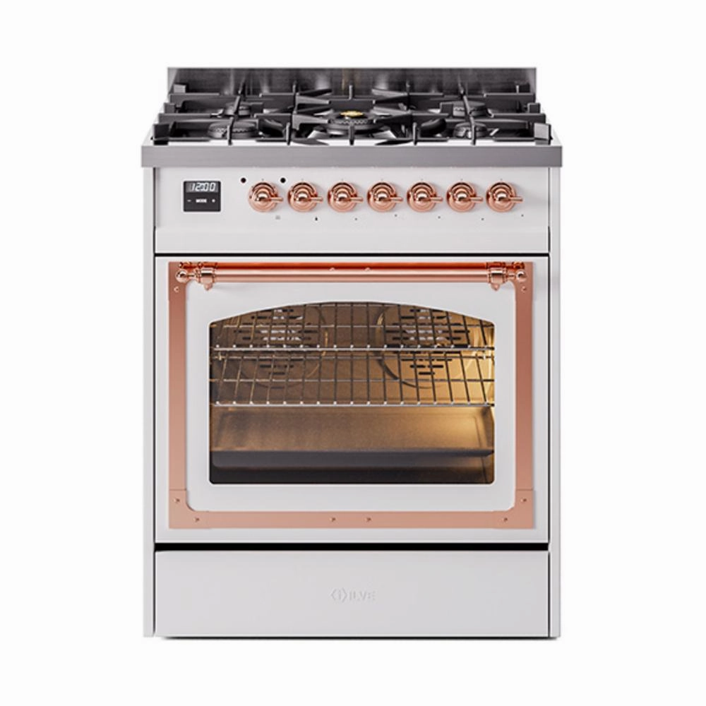 Ilve UN30NMPWHP Ilve Un30Nmpwhp Nostalgie Ii Noblesse 30" Dual Fuel Range (Natural Gas, Triple Glass Door, White, Copper) Freestanding Ranges freestanding dual fuel range 30 inch