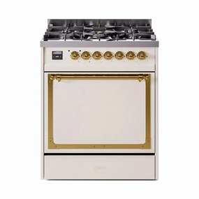 Ilve UN30QNMPAWG Ilve Un30Qnmpawg Nostalgie Ii Noblesse 30" Dual Fuel Range (Natural Gas, Solid Door, Antique White, Brass) Freestanding Ranges freestanding dual fuel range 30 inch