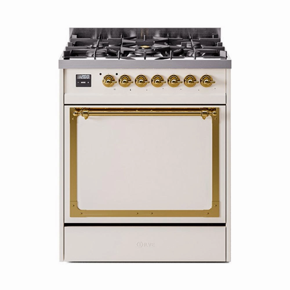 Ilve UN30QNMPAWGLP Ilve Un30Qnmpawglp Nostalgie Ii Noblesse 30" Dual Fuel Range (Liquid Propane, Solid Door, Antique White, Brass) Freestanding Ranges freestanding dual fuel range 30 inch