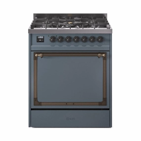 Ilve UN30QNMPBGBLP Ilve Un30Qnmpbgblp Nostalgie Ii Noblesse 30" Dual Fuel Range (Liquid Propane, Solid Door, Blue Grey, Burnished) Freestanding Ranges freestanding dual fuel range 30 inch