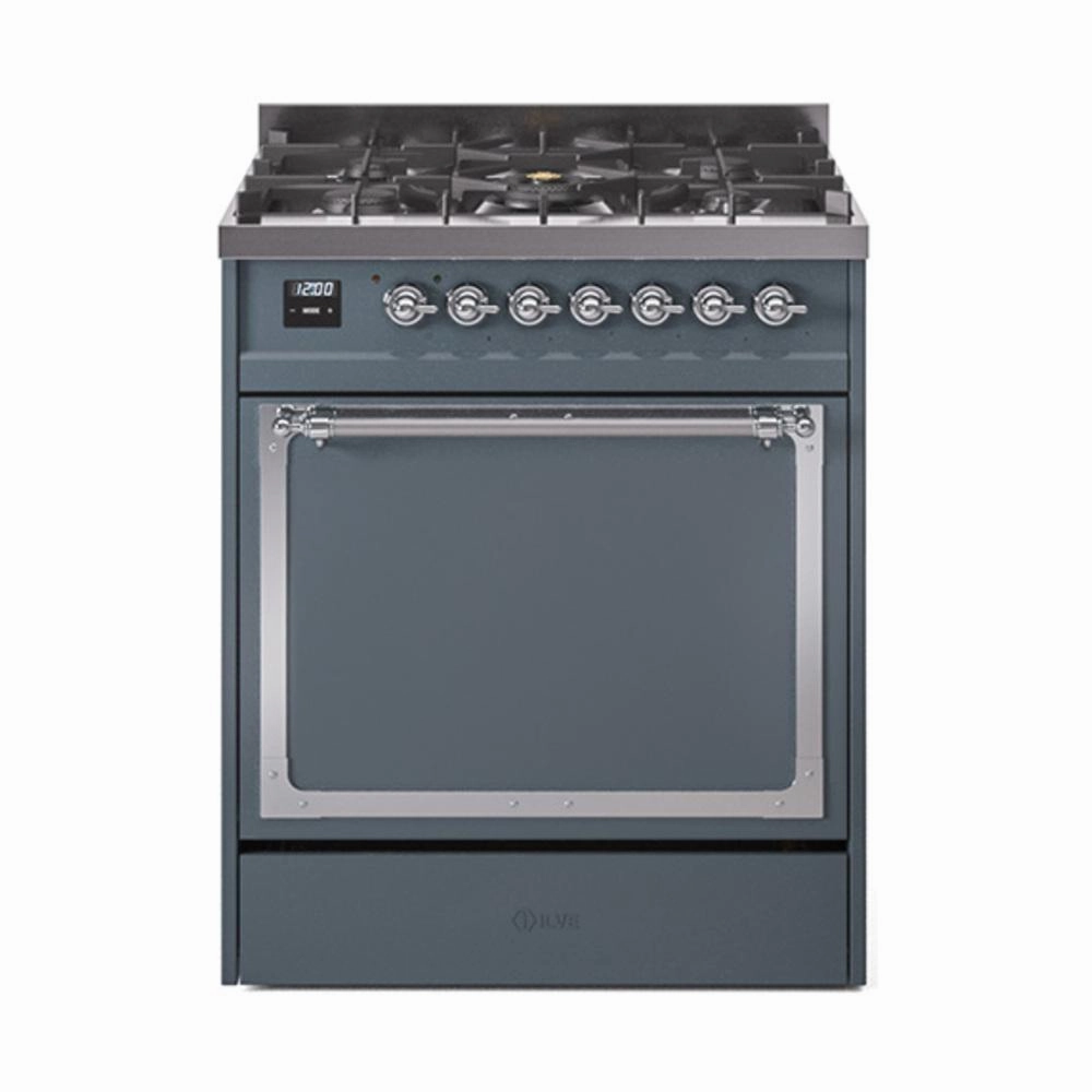Ilve UN30QNMPBGCLP Ilve Un30Qnmpbgclp Nostalgie Ii Noblesse 30" Dual Fuel Range (Liquid Propane, Solid Door, Blue Grey, Chrome) Freestanding Ranges freestanding dual fuel range 30 inch