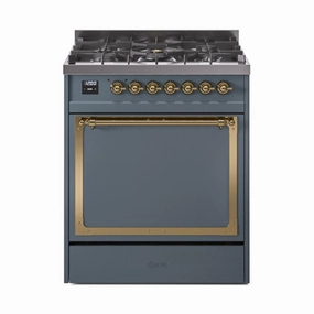 Ilve UN30QNMPBGG Ilve Un30Qnmpbgg Nostalgie Ii Noblesse 30" Dual Fuel Range (Natural Gas, Solid Door, Blue Grey, Brass) Freestanding Ranges freestanding dual fuel range 30 inch
