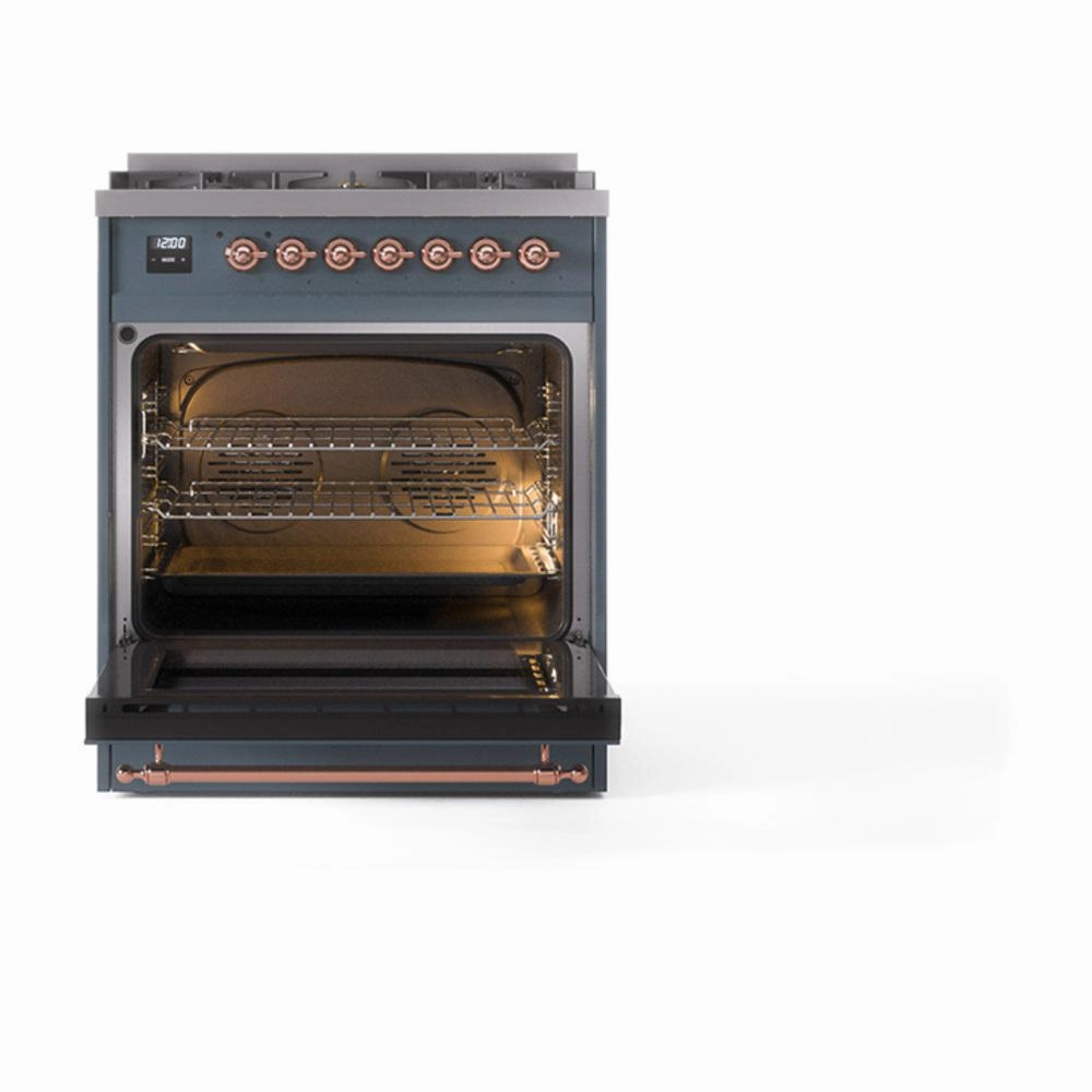 Ilve UN30QNMPBGPLP Ilve Un30Qnmpbgplp Nostalgie Ii Noblesse 30" Dual Fuel Range (Liquid Propane, Solid Door, Blue Grey, Copper)